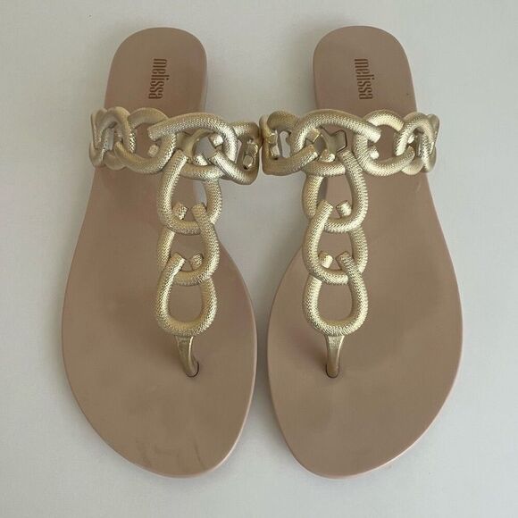 Melissa Success Chain Link Thong Sandals Womens 8 Gold Jelly Shoes Dressy Comfy - Picture 10 of 10